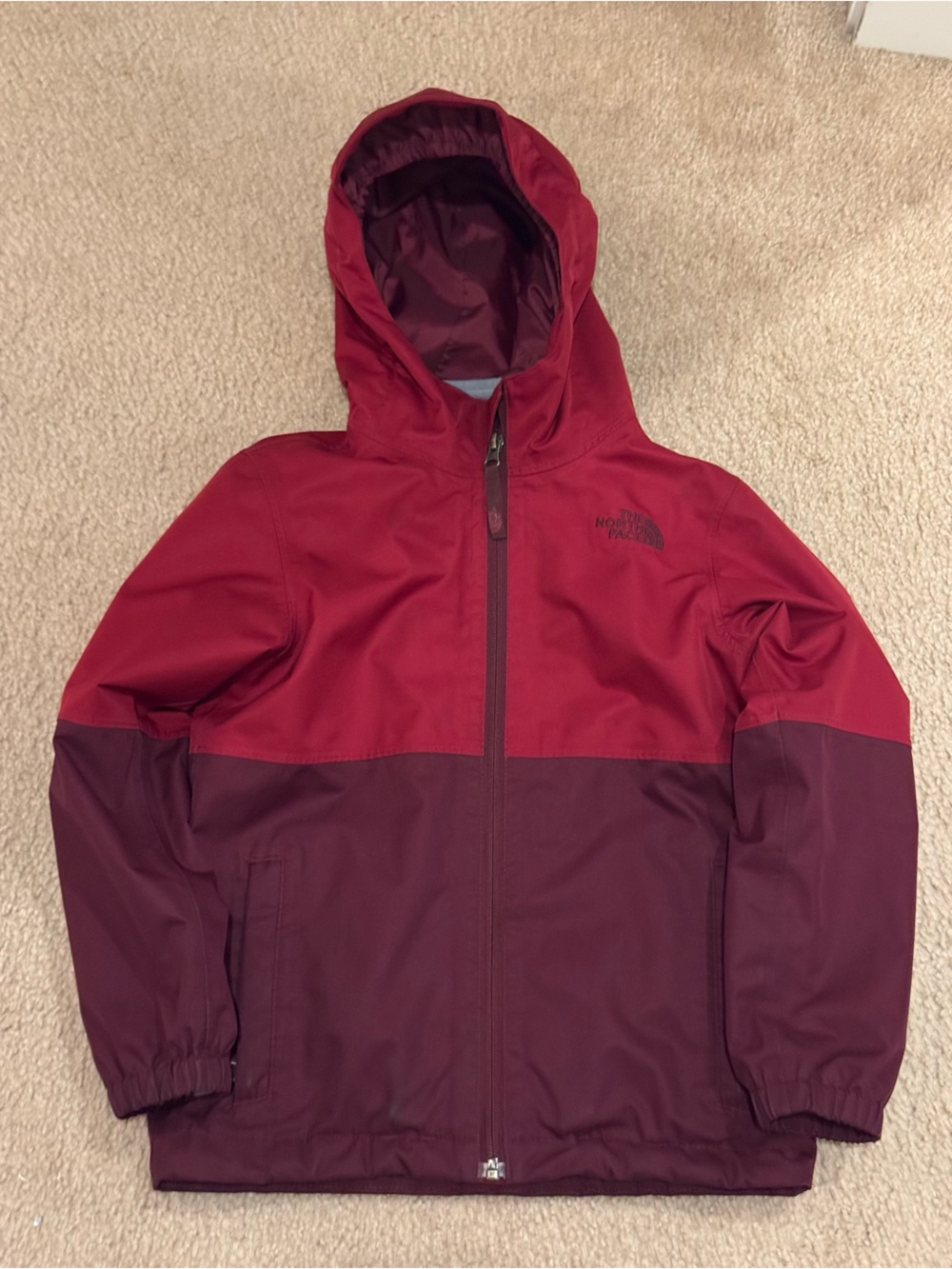 The North Face Two-Tone Maroon and Wine 2-in-1 fleece and Rain Hooded Jacket
